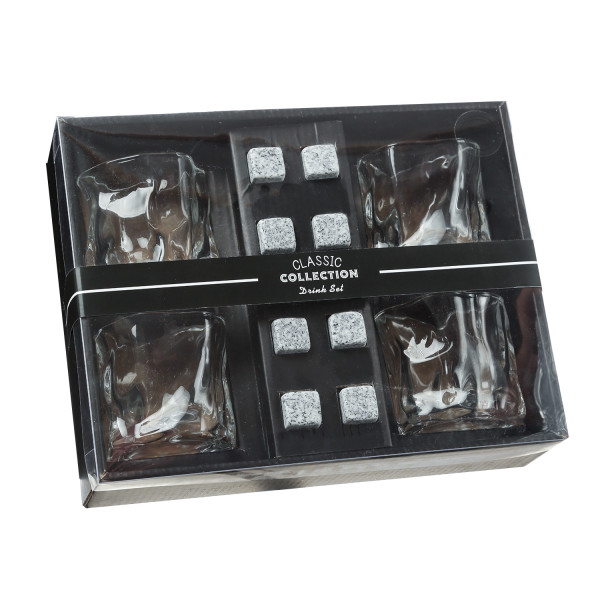 4 Whisky Gl�ser mit 8 Eisw�rfel-Steinen - Geschenkset - Whiskybeche-
