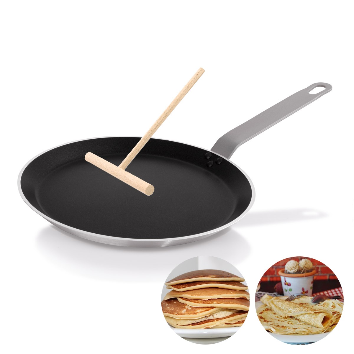 Crepes SET Pfanne 26cm - Eisen-Alu - mit PTFE Antihaftbeschichtung + Teigverteiler Holz