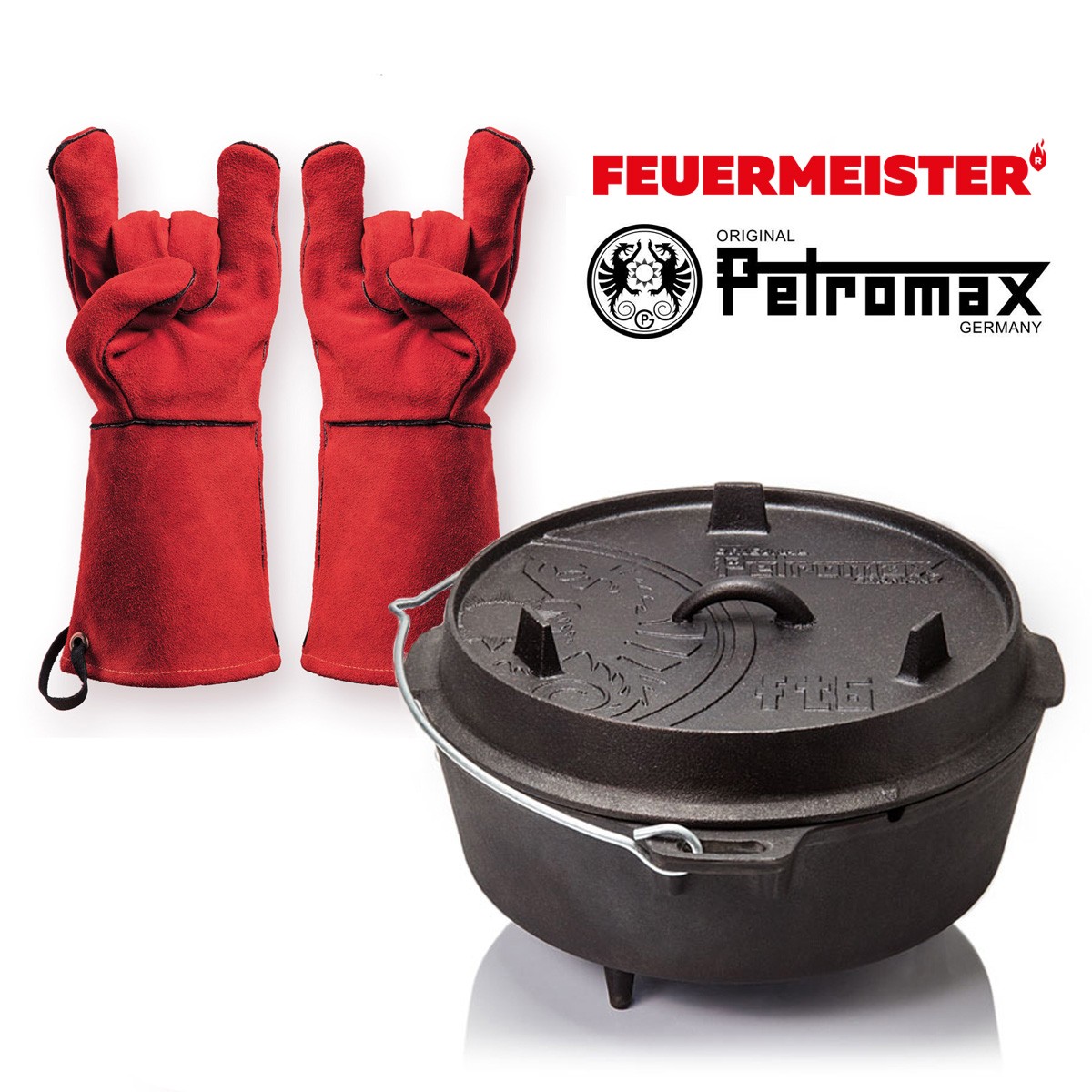 Dutch Oven Set - Petromax FT6 + Feuermeister Lederhandschuhe Gr- 12