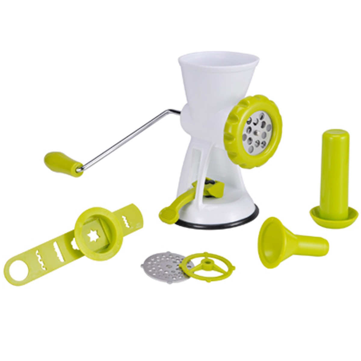 Fleischwolf Kunststoff mit standsicherem Saugfuss - 2 Lochaufs�tze + Wurstaufsatz + Spiritzgeb�ck