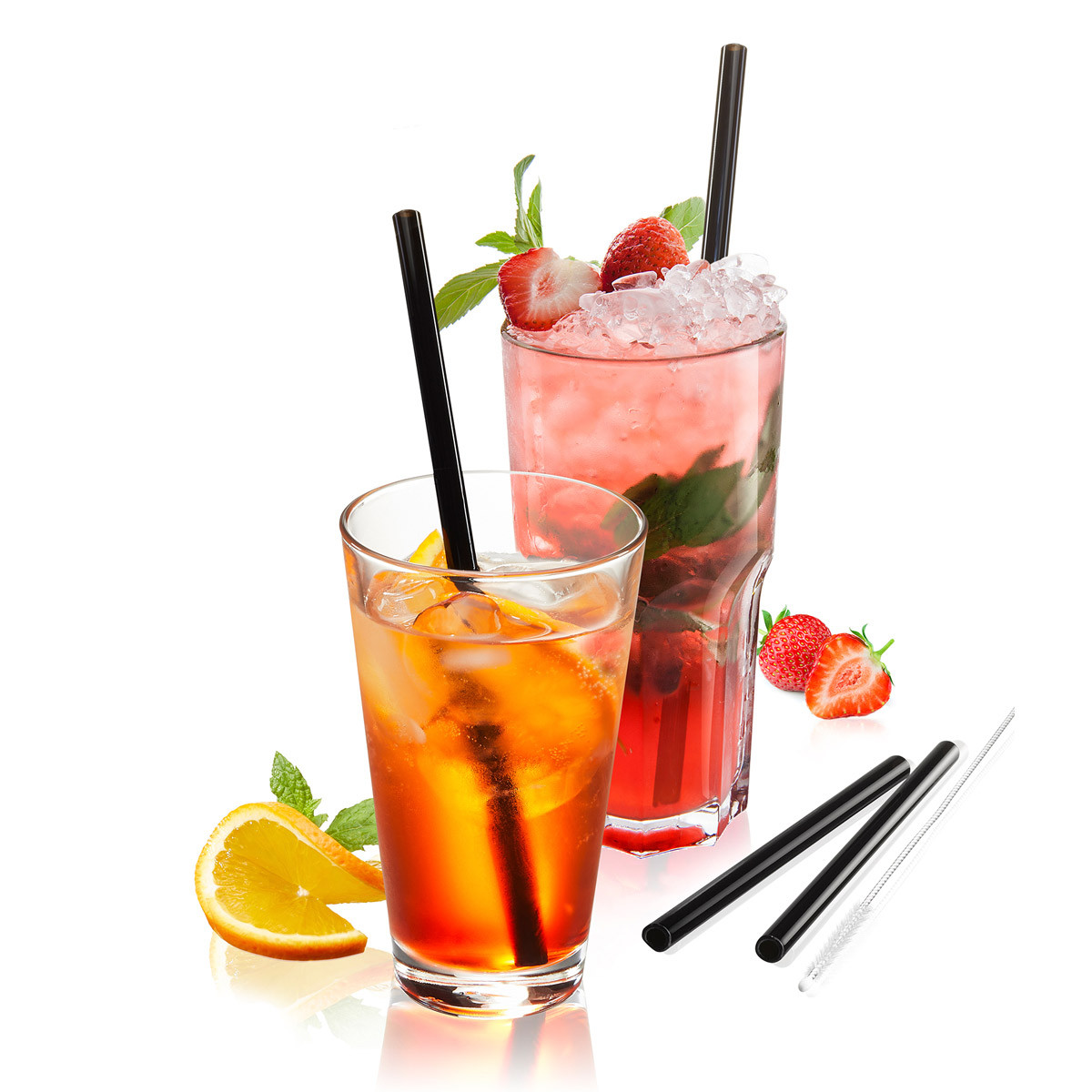 Glastrinkhalme 4er Set FUTURE - 23cm- gerade Version- schwarz - mit B�rste