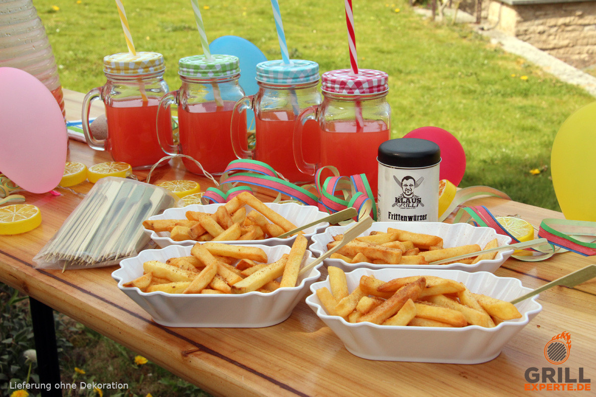 Grill und Pommesparty - f�r 4 Kids - Trinkgl�ser- Pommesschalen- Frittenw�rzer- Piecker- Lichterkette