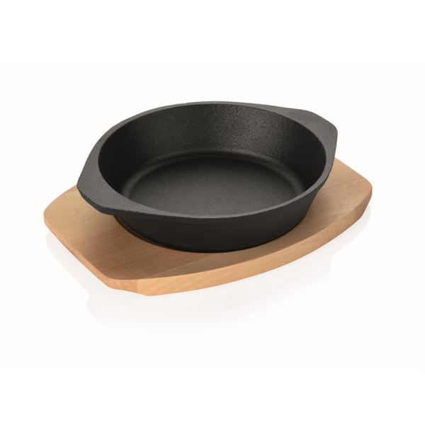 Gusspfanne mit 2 Griffen und Holzuntersetzer - Gusseisen -  - D: 18-