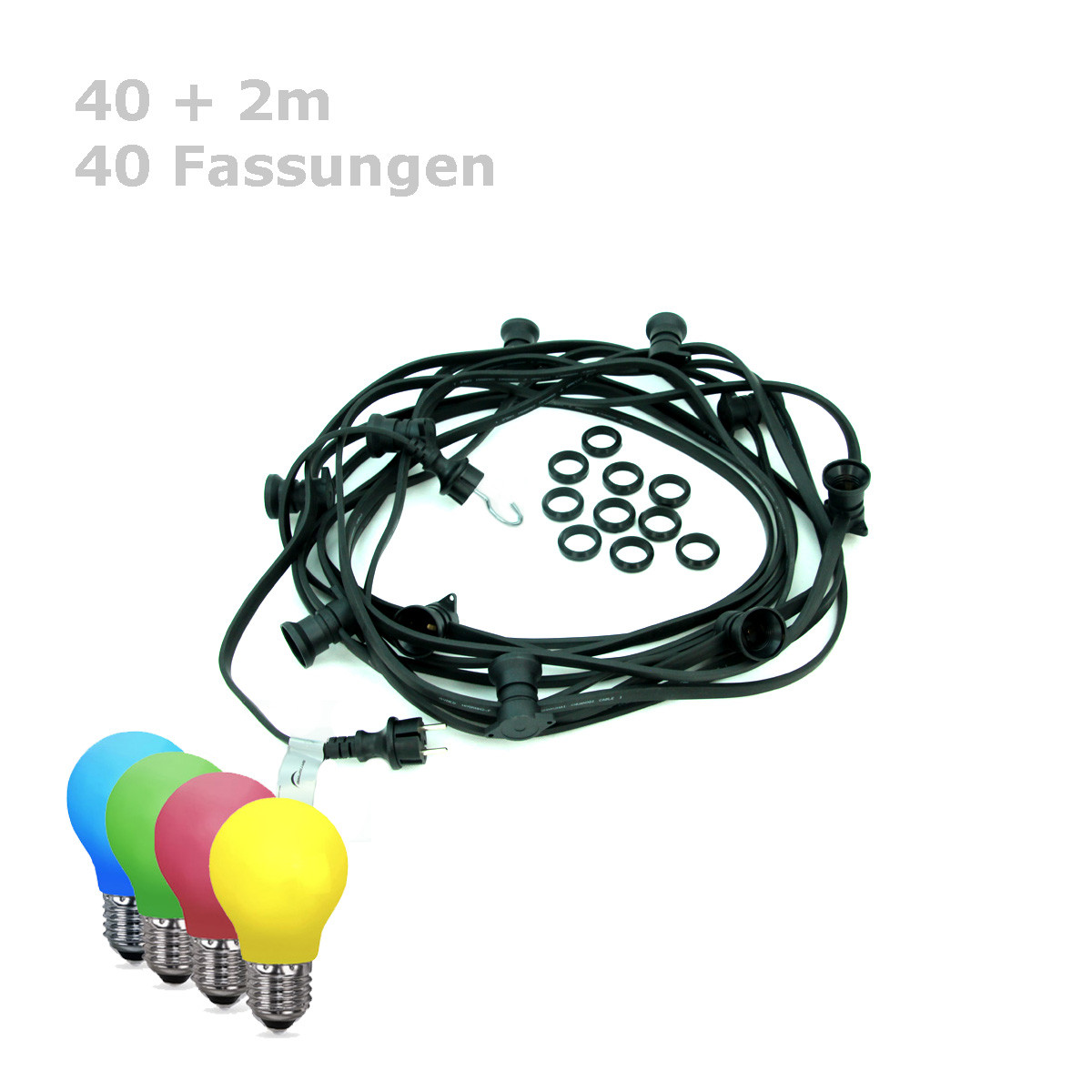 ILLU-Lichterkette BLACKY - 40m - 40xE27 - IP44 - bunte LED Tropfenlampen - SATISFIRE