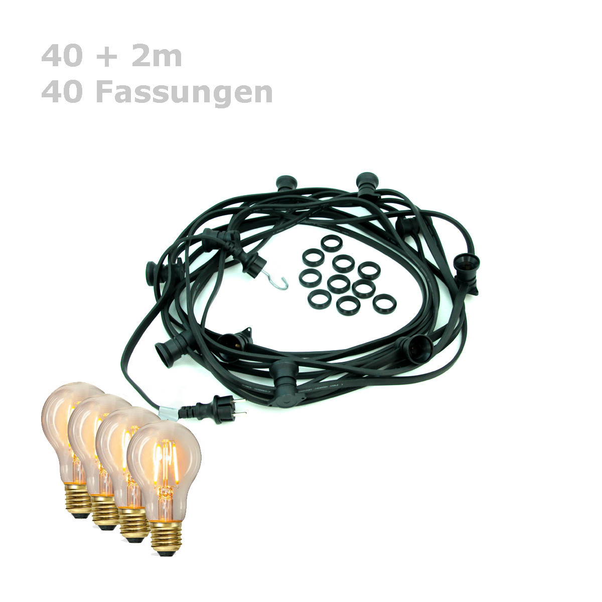 ILLU-Lichterkette BLACKY - 40m - 40xE27 - IP44 - warmweisse EDISON LED Filamentlampen - SATISFIRE