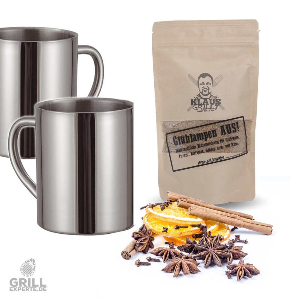 Klaus Grillt Gl�hlampen AUS! Warm-Mach-Set f�r 2 - Gl�hweingew�rz und 2 Thermotassen