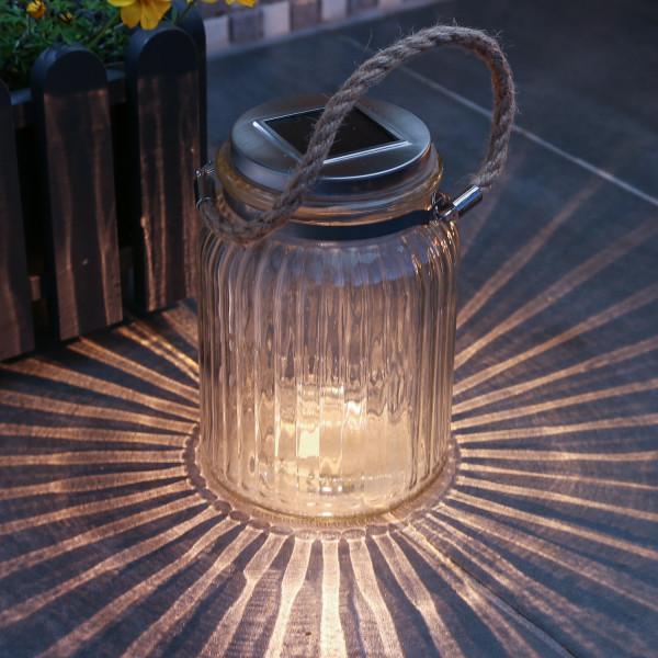 LED Solar Glas - Windlicht mit Juteseil - geriffeltes Glas - warmwe-
