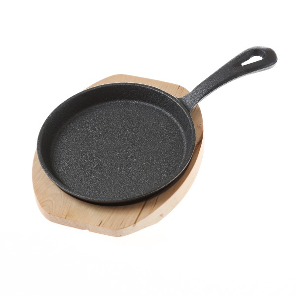 Minipfanne mit Stiel u- Holzuntersetzer - Gusspfanne - Gusseisen - -
