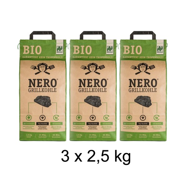 NERO BIO Grill-Holzkohle - 3 x 2-5kg Sack - Garantiert ohne Tropenh-