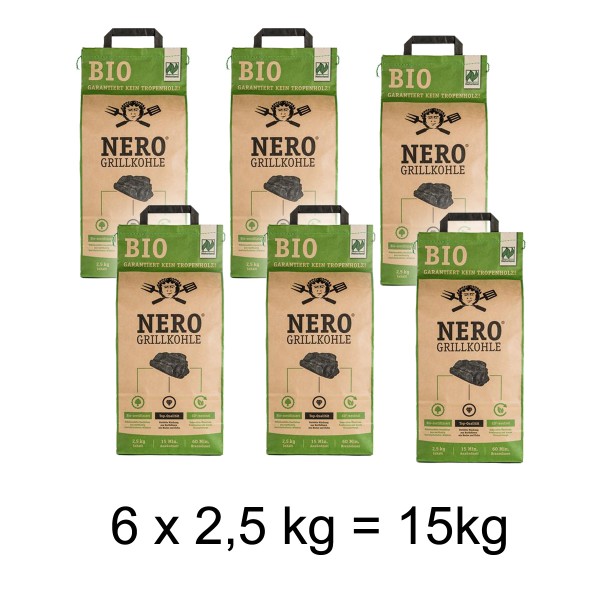 NERO BIO Grill-Holzkohle - 6 x 2-5kg Sack - Garantiert ohne Tropenh-