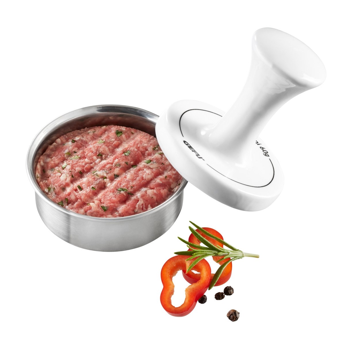 Party Burgerpresse - f�r 60g Mini Burger - Edelstahl-Porzellan - D: 8cm unter GEFU