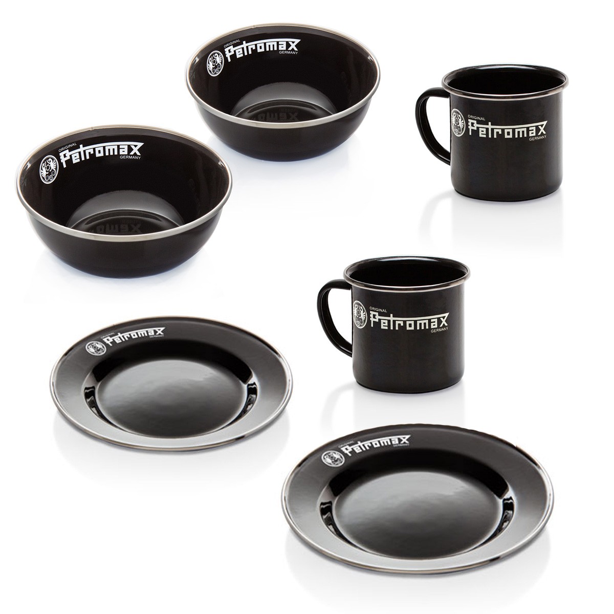 Petromax Emaille Geschirrset schwarz - 2 x Teller- 2 x Tasse- 2 x Schale