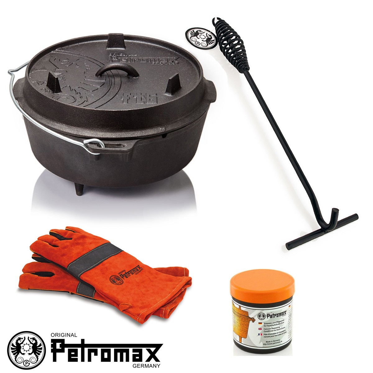 Petromax SET - 7-6 Liter Feuertopf mit F�ssen (ft6)- Heber-Sch�rhaken- 2 Feuerhandschuhe- Pflegepaste