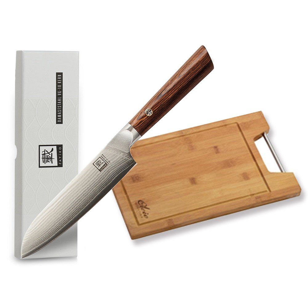 POWER OFFER - ZAYIKO Damast Chefmesser + GRATIS Schneidebrett mit Saftrinne und Edelstahlgriff