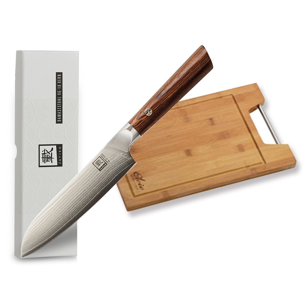 POWER OFFER - ZAYIKO Damast Santoku Messer + GRATIS Schneidebrett mit Saftrinne und Edelstahlgriff
