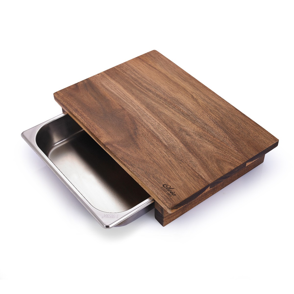 Premium Schneidebrett - Arbeitsstation - Akazienholz - 32x29x8-5cm - Auffangbeh�lter aus Edelstahl