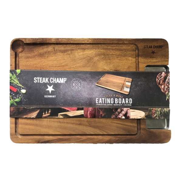 STEAK CHAMP - Steakbrett mit 2 Dipschalen - Akazienholz 42x27x1-6cm
