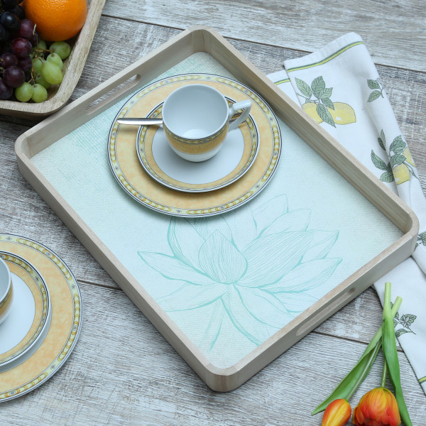 Tablett LOTUS - Dekotablett - Holz - L: 40cm - B: 30cm - weiss- gr�n