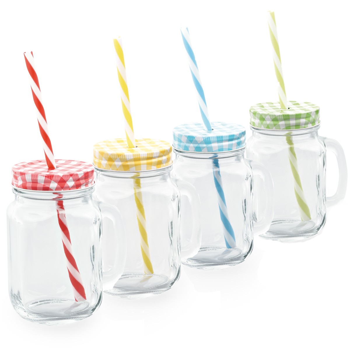 Trinkglas Set - 4 Trinkbecher mit bunten Deckeln und Trinkhalmen
