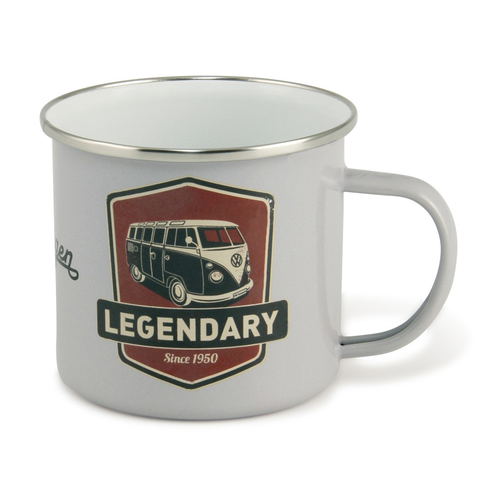 VW Collection Emaille Tasse VINTAGE LOGO GREY - 500ml - mit Edelstahlrand