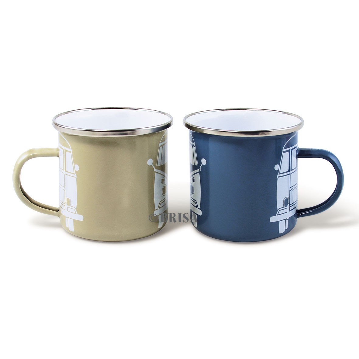 VW Collection Emaille Tassen SET VW BLUE-GREY - 500ml - mit Edelstahlrand