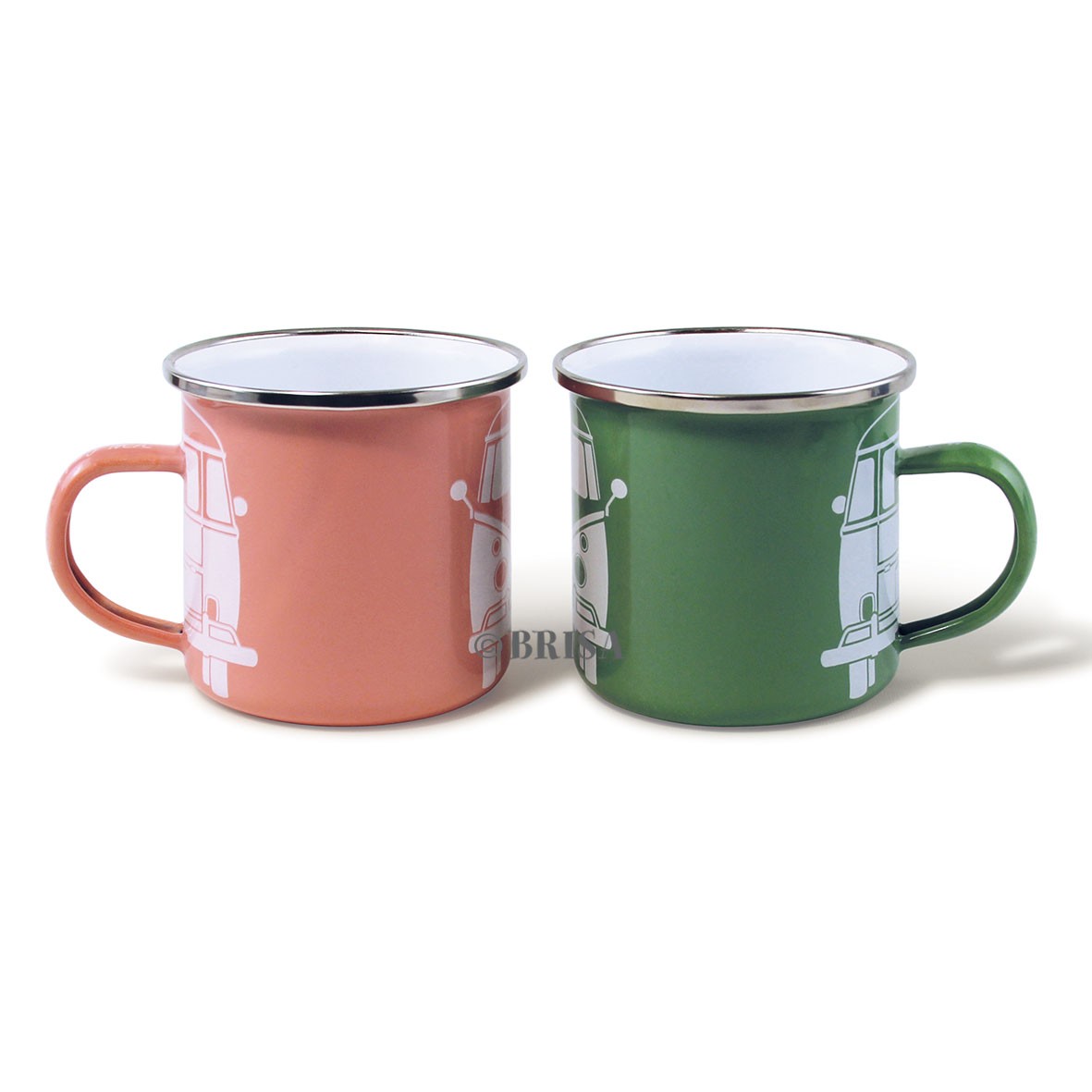 VW Collection Emaille Tassen SET VW GREEN-ROSE - 500ml - mit Edelstahlrand