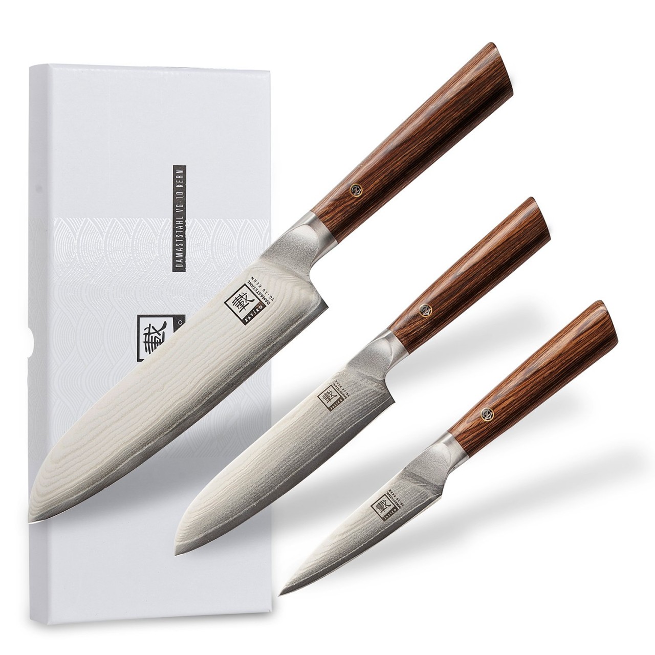 ZAYIKO Damastmesser KASSHOKU SET 3-tlg SANTOKU- kl- SANTOKU- Officemesser - Pakka - VG-10 Stahl
