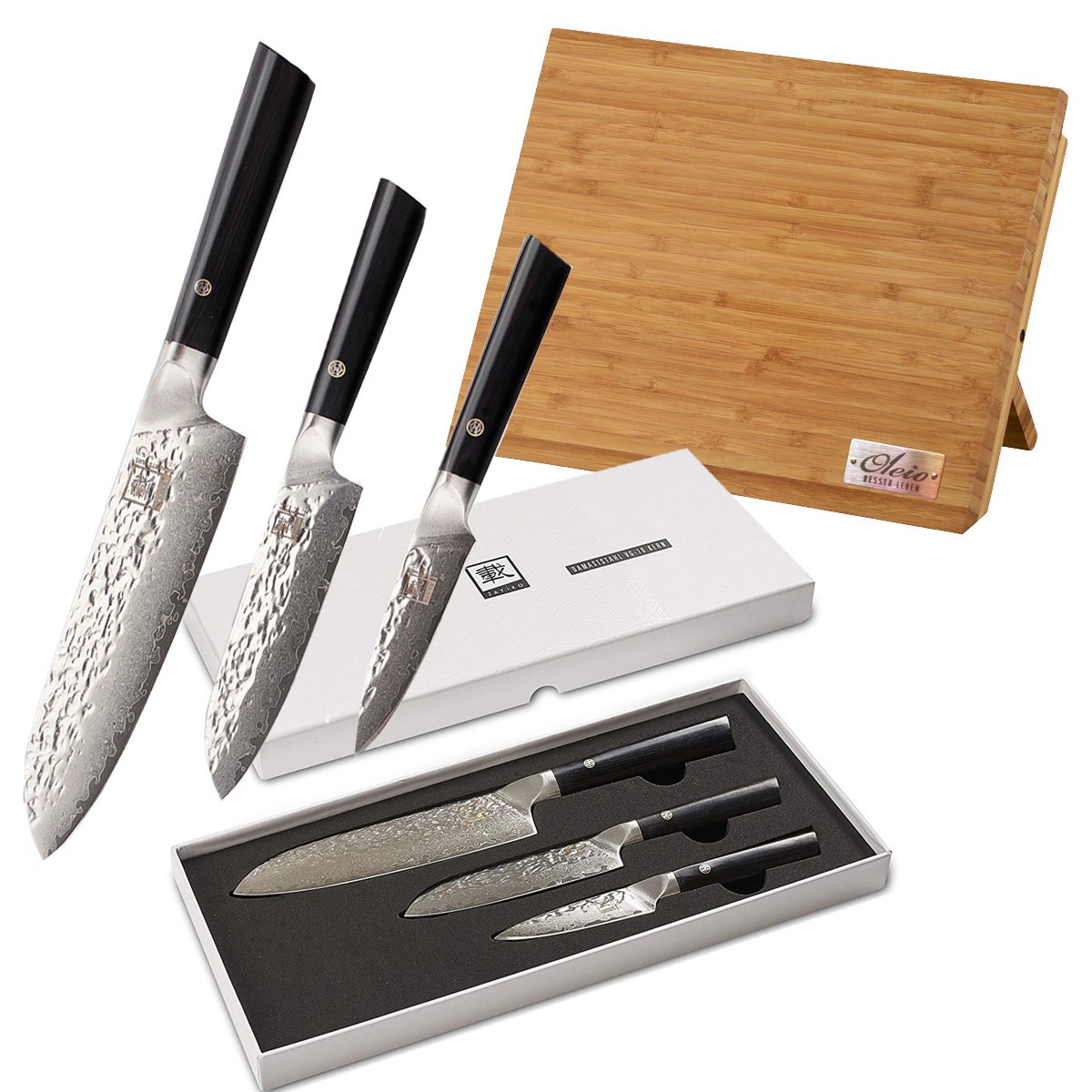 ZAYIKO Damastmesser KURO SET 3-tlg inkl- magnetisches Messerboard - SPECIAL OFFER