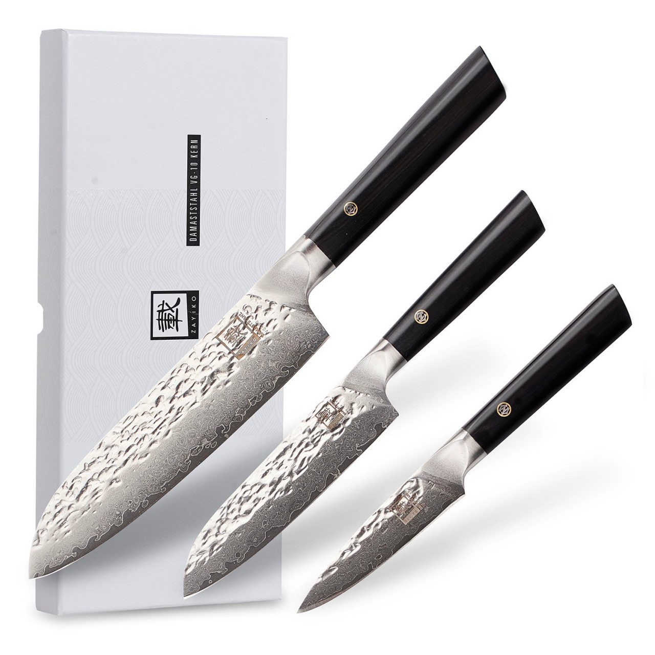 ZAYIKO Damastmesser KURO SET 3-tlg SANTOKU- kl- SANTOKU- Officemesser- Pakkaholz - VG-10 Stahlkern
